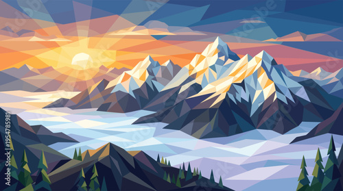 A striking geometric illustration depicts majestic mountain peaks bathed in the warm glow of a sunrise, with a sea of clouds below and stylized trees in the foreground.