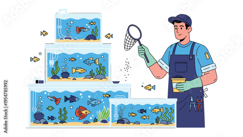 Aquarist's Aquatic World: An aquarist diligently tends to a collection of aquariums, demonstrating a passion for aquatic life, a serene scene.