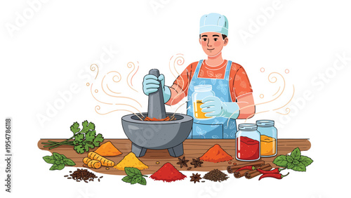 The Art of Spice: A chef skillfully grinds spices in a mortar, surrounded by an array of fresh herbs and vibrant spices, embodying the essence of culinary artistry and flavor exploration.