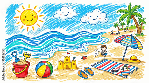 A cheerful crayon drawing depicts a sunny beach scene with a boy building a sandcastle, colorful beach toys, and happy clouds, perfect for summer and children's themes.