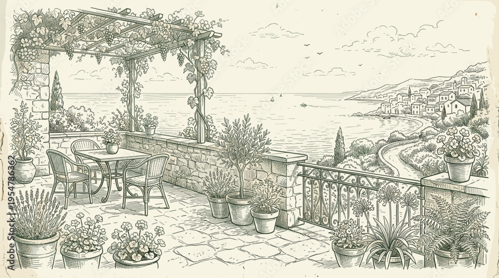 Naklejka premium A charming sketch depicts a sun-drenched terrace overlooking a picturesque Mediterranean village and sparkling sea, evoking relaxation and vacation vibes.