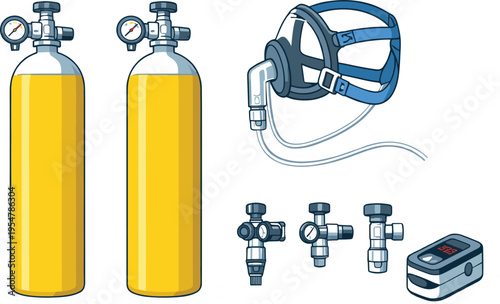 Diving and Oxygen Tank Equipment Vector Illustration – Tanks, Regulators, and Breathing Gear for Underwater Exploration