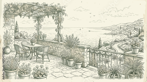 A charming sketch depicts a sun-drenched terrace overlooking a picturesque Mediterranean village and sparkling sea, evoking relaxation and vacation vibes.