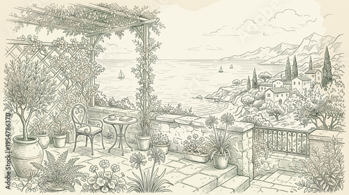 A charming sketch depicts a sun-drenched terrace overlooking a picturesque coastal village and serene ocean, featuring a pergola draped with vines, potted plants, and a small table.