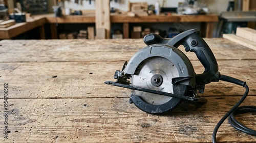 Circular saw on a wooden workbench in a workshop setting with tools