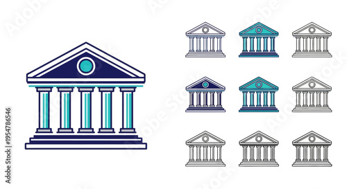 Bank Building Icon Set, Courthouse or Museum Architecture Symbol with Pillars and Columns, Financial and Judicial Vector Graphics