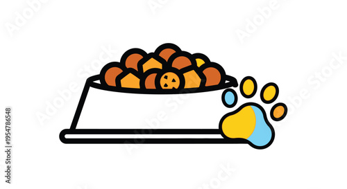 Colorful dog food bowl with a paw print next to it and tasty kibbles inside