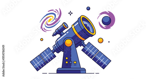 Colorful vector illustration of a telescope with solar panels and vibrant celestial elements surrounding it
