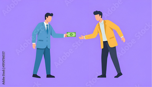 Two Businessman Exchanging Cash Money for Payment and Transaction Concept