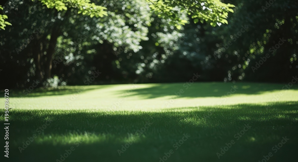 Obraz premium A serene green lawn with trees casting shadows on a sunny day outdoors in nature