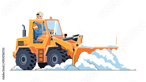 Snow Removal with Power: A snowplow at work. a scene that exemplifies a functional design with strong graphic elements, portraying resilience in a harsh weather environment. 