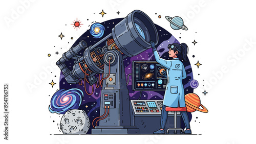 Stargazer and her Cosmos: A woman scientist with a passion for astronomy peers into a powerful telescope, surrounded by the celestial wonders of the universe.