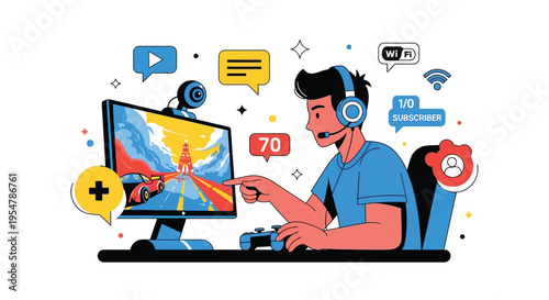 Young gamer enjoying online gaming with a computer and headset