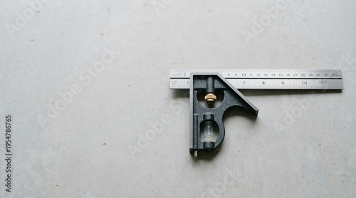 Combination square tool with ruler on a gray surface for precise measurements