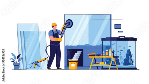 Aquarium Installer in Action: A skilled worker meticulously installs an aquarium, showcasing expertise in design and construction.