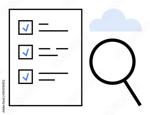Completed checklist with blue checkmarks, magnifying glass, and soft blue cloud. Ideal for organization, task management, audit, planning, review cloud storage productivity. Simple flat metaphor