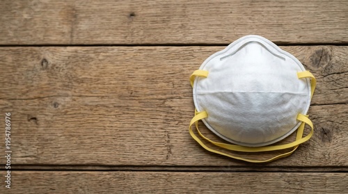 White face mask with yellow straps on a wooden surface for protection