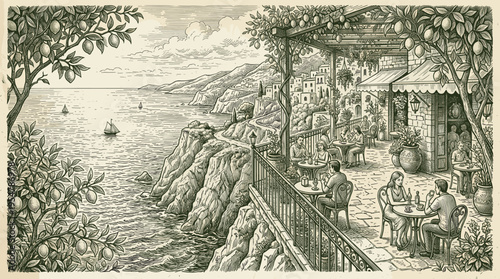 An artistic, hand-drawn illustration depicts a charming coastal cafe with people dining on a patio overlooking a scenic sea and cliffside village, framed by lemon trees.