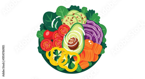 Colorful vector illustration of a vibrant vegetable salad bowl with various fresh ingredients