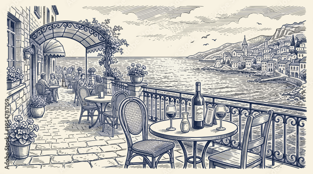 Fototapeta premium Sketch of an idyllic European seaside cafe terrace with tables set for drinks and a view of a charming coastal town.