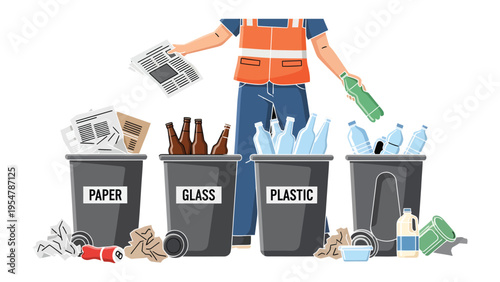 Sorting for Sustainability: A dedicated worker diligently sorts recyclables into designated bins, representing a commitment to eco-conscious waste management.