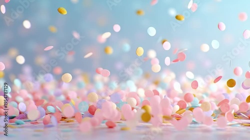 Pastel confetti falling on soft blue background