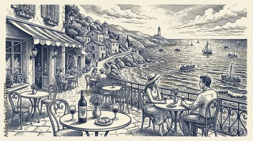 A couple enjoys a romantic meal at a charming outdoor cafe overlooking a picturesque Mediterranean village with sailboats and a lighthouse in the distance, rendered in a vintage engraving style.