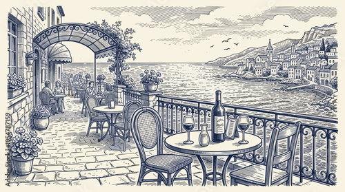 Sketch of an idyllic European seaside cafe terrace with tables set for drinks and a view of a charming coastal town.