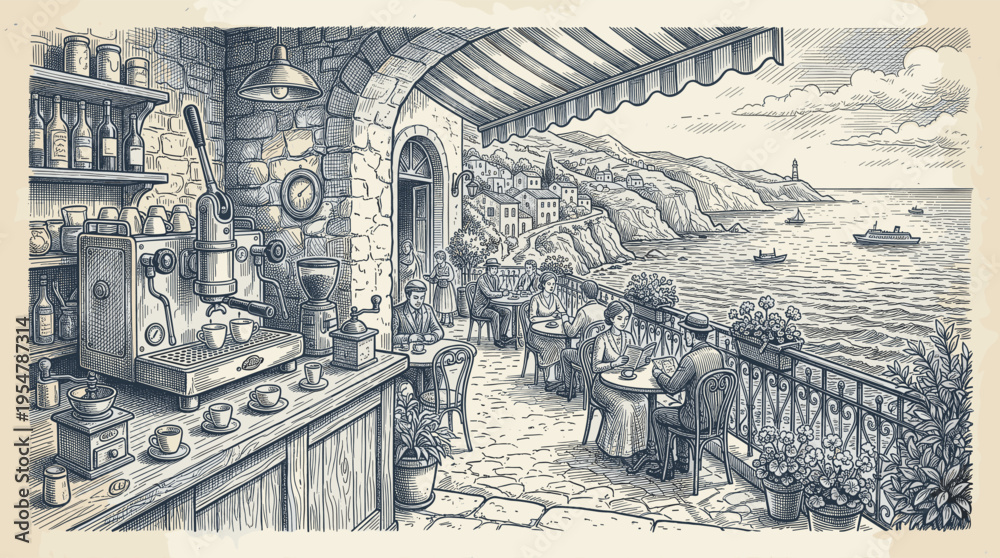 Fototapeta premium Vintage sketch of people enjoying coffee at a seaside cafe overlooking a coastal town and ocean with boats.