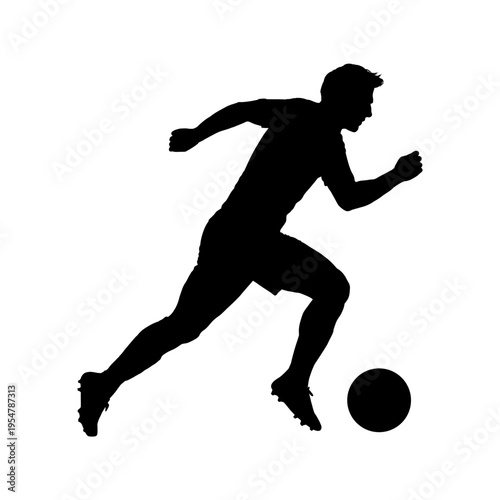 Soccer player silhouette running with ball isolated on white background