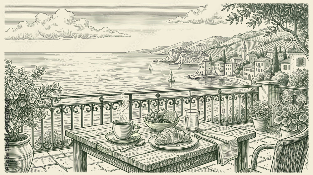 Fototapeta premium A charming terrace view overlooking a picturesque Mediterranean village with a table set for breakfast, featuring coffee, croissant, and fruit.
