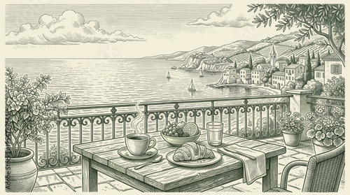 A charming terrace view overlooking a picturesque Mediterranean village with a table set for breakfast, featuring coffee, croissant, and fruit.
