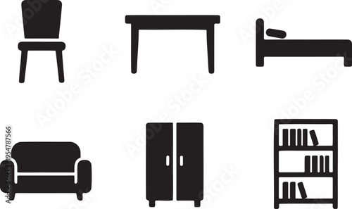 A collection of black silhouette icons representing various pieces of common household furniture Vector, illustration