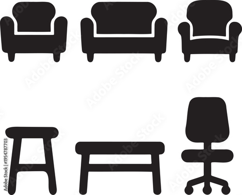 A collection of black silhouette furniture icons including various styles of chairs and tables Vector, illustration