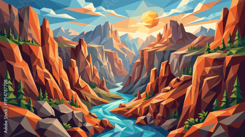A vibrant, abstract, geometric-style illustration depicts a winding turquoise river flowing through a canyon with jagged orange and gray rock formations under a colorful sky at sunset.