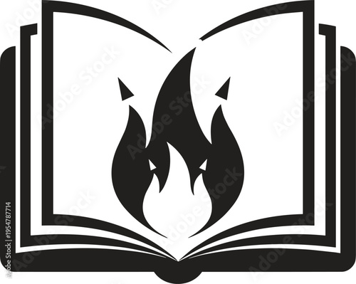 Black and white of an open book with flames rising from the pages fire 1