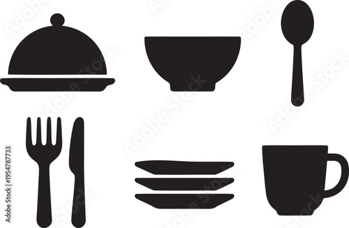 A collection of black silhouette icons representing various essential dining and kitchen tableware Vector, illustration