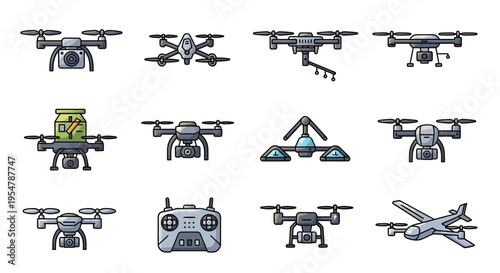 Drone and Unmanned Aerial Vehicle (UAV) Icon Set for Technology, Delivery, and Surveillance Illustration