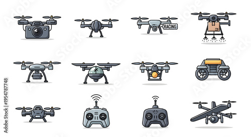 Drone Technology and Remote Control Vehicle Vector Icon Set - FPV Racing, Delivery, Agricultural, and Camera Drones Illustration