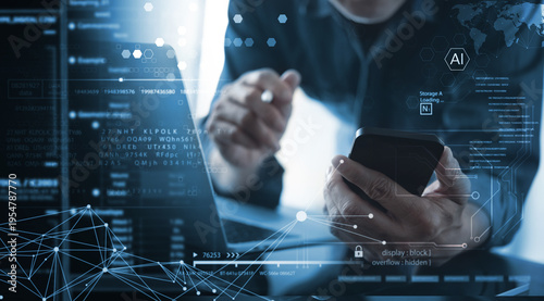 Data science and engineering, digital technology, futuristic tech background. Software engineer working with database and big data analytics, cloud computing with AI and data exchange