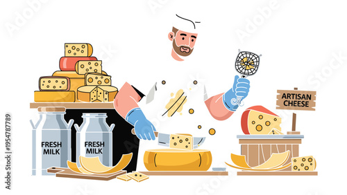Artisan Cheese Maker: A skilled artisan, clad in professional attire, is expertly crafting and presenting an array of delectable cheeses and fresh milk.