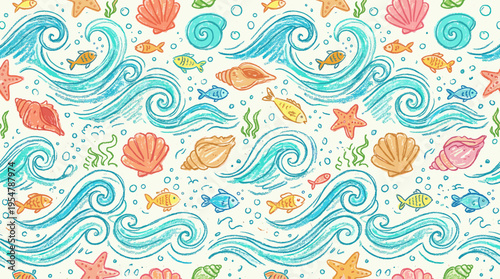 A charming, hand-drawn seamless pattern featuring playful fish, swirling waves, starfish, and colorful seashells on a light background, evoking a cheerful summer seaside vibe.