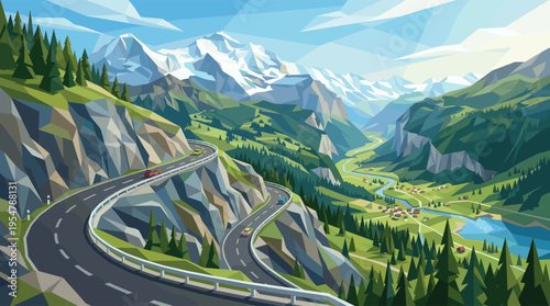A scenic, stylized mountain landscape with a winding road, green valley, village, and snow-capped peaks under a clear blue sky.
