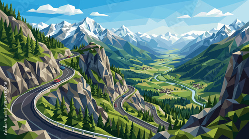A winding mountain road passes through a lush valley with a river and snow-capped peaks under a clear blue sky in a geometric art style.