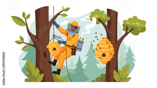 Beekeeper in the Wild: A beekeeper meticulously tends to a hive, showcasing the harmonious relationship between humans and the natural world, in this illustrative scene.