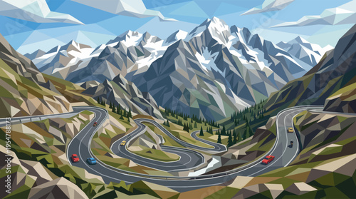 A winding mountain road with cars navigates through a dramatic geometric landscape of snow-capped peaks, green slopes, and blue sky.