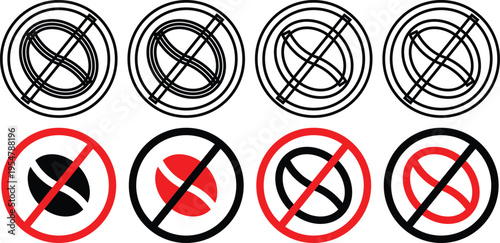 Collection of eight no coffee or decaffeinated symbols in various styles, including solid and outline coffee beans with prohibition signs.