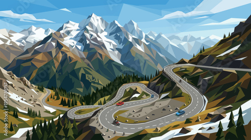 A stylized, geometric illustration depicts a scenic winding mountain road with a red car, blue car, and motorcycle navigating its curves, set against a backdrop of majestic snow-capped mountains.