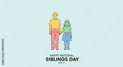 Happy national siblings day illustration with boy and girl on light blue background