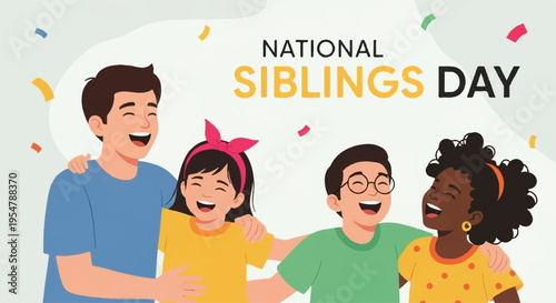 Happy siblings family group celebrating national siblings day together with confetti